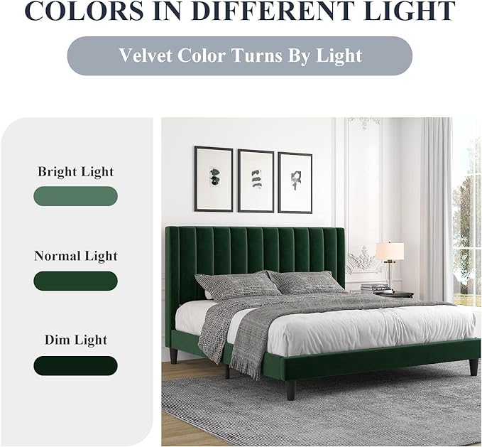 Allewie King Bed Frame/Velvet Upholstered Bed Frame with Vertical Channel Tufted Headboard/Strong Wooden Slats/Platform Bed Frame/Mattress Foundation/Box Spring Optional/Easy Assembly/Green