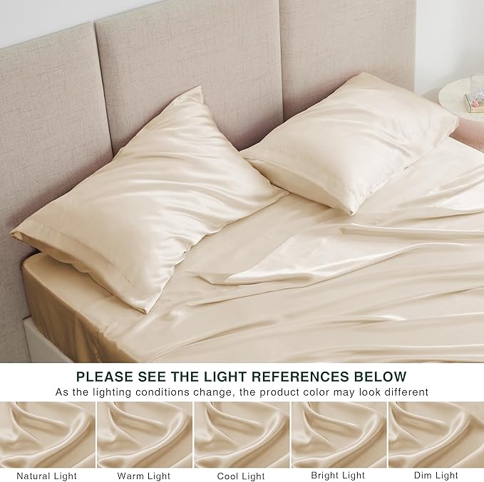 Love's cabin California King Satin Sheet Sets - 4 Piece Beige Silky Sheets Bed Set with Deep Pocket, Luxury Silk Feel Satin Cal King Sheet Set (1 Flat Sheet,1 Fitted Sheet,2 Pillow Cases)