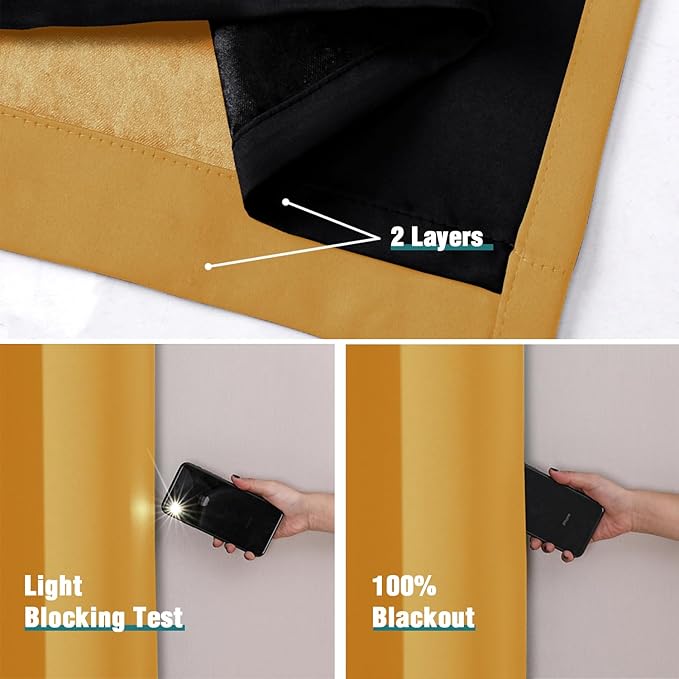 ChrisDowa 100% Blackout Curtains 90 inch Long for Bedroom with Black Liner, 2 Thick Layers Total Blackout Thermal Insulated Grommet Long Window Curtains 2 Panels Set (Mustard Yellow, 52 x 90 Inch)