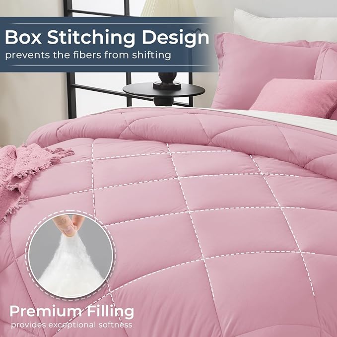 HEVUMYI Full Comforter Set - 7-Piece All Season Bed in a Bag Full, Ultra Soft Bedding Set with Comforter, Flat Sheet, Fitted Sheet, Pillowcases, Pillow Shams, Pink & Ivory