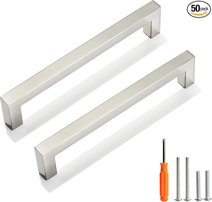 Cabinet Pulls Brushed Nickel Cabinet Handles Square Drawer Pulls, 50 Pack 6-1/4 Inch Stainless Steel Kitchen Door Cupboard Cabinet Handles, Cabinet Hardware Drawer Handles, 160mm Hole Centers