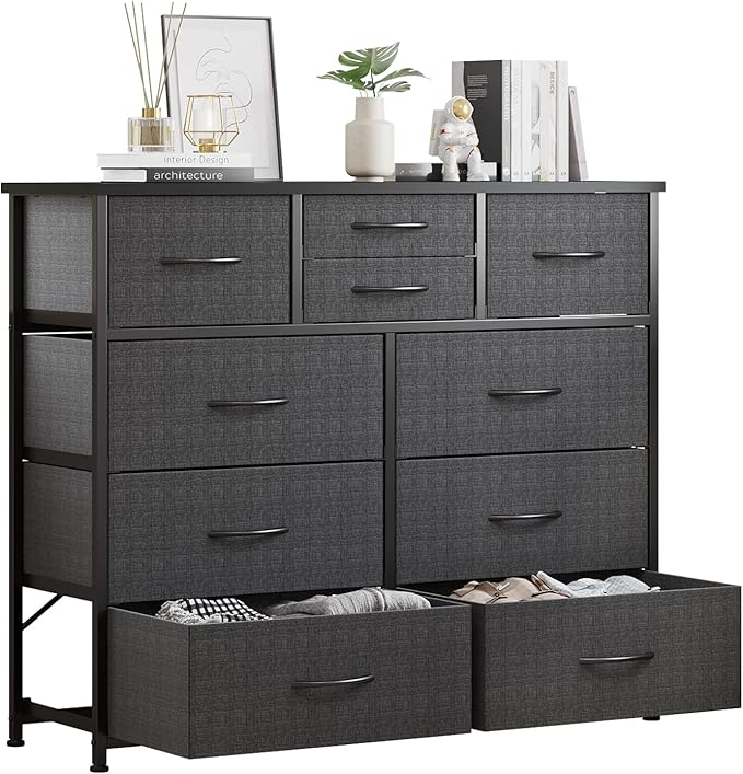 LUMTOK 10-Drawer Dresser, Fabric Storage Dressers for Bedroom, Hallway, Nursery, Closets, Steel Frame, Wood Top, Easy Pull Handle (Grey)