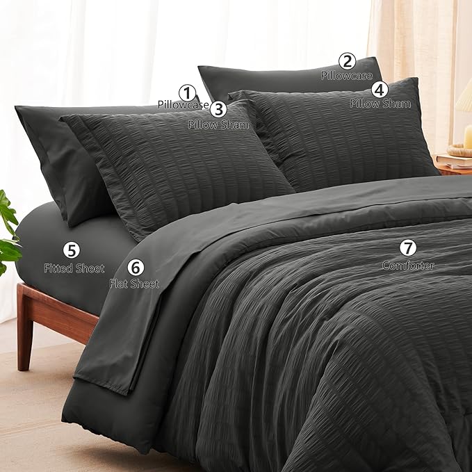 CozyLux Full Size Comforter Sets with Sheets Seersucker 7 Pieces Dark Grey Bed in a Bag Textured Luxury Soft Bedding Set with Down Alternative Comforter, Sheets, Pillowcases & Shams for All Seasons