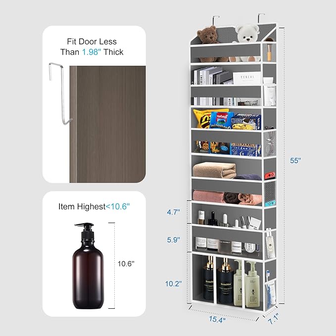Over The Door Organizer Closet,6 Bins 12 Side Pockets,Hanging Organizer,Anti Tilt 50 lbs Load Organizers and Storage with Clear Window for Bedroom,Nursery,Rv,Bathroom,Camper(Grey)