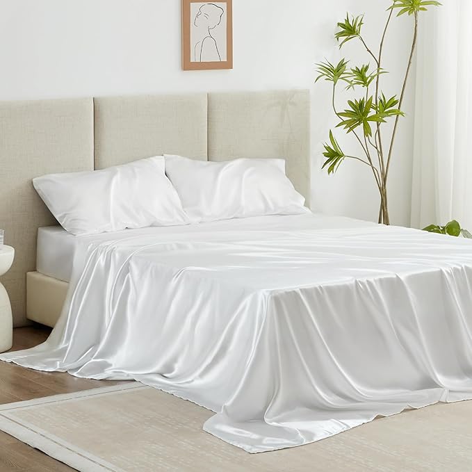 Love's cabin Twin XL Satin Sheet Sets - 3 Piece White Silky Bed Sheets with Deep Pockets, Luxury Silk Feel Satin Sheet Set Twin XL (1 Flat Sheet,1 Fitted Sheet,1 Pillow case)