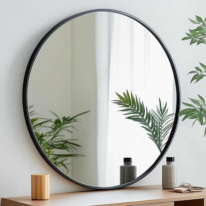 Round Mirror 28 inch, Black Round Mirror, Large Circle Mirrors Metal Frame, Black Circle Mirrors for Wall, Bathroom, Living Room, Dining Room, Entryway.