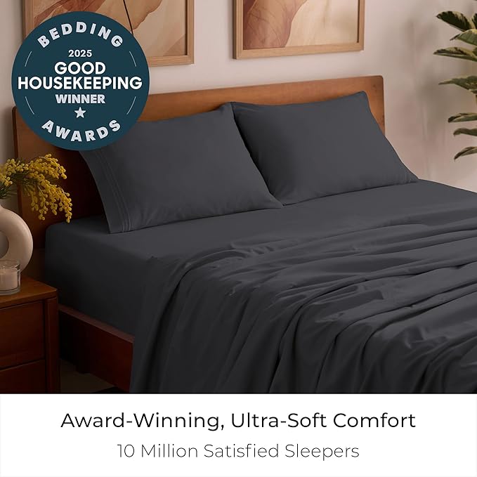 Mellanni Queen Sheets Set - 4 PC Iconic Collection Bedding - Hotel Luxury, Extra Soft, Cooling Bed Sheets - Wrinkle, Fade, Stain Resistant (Queen, Charcoal)