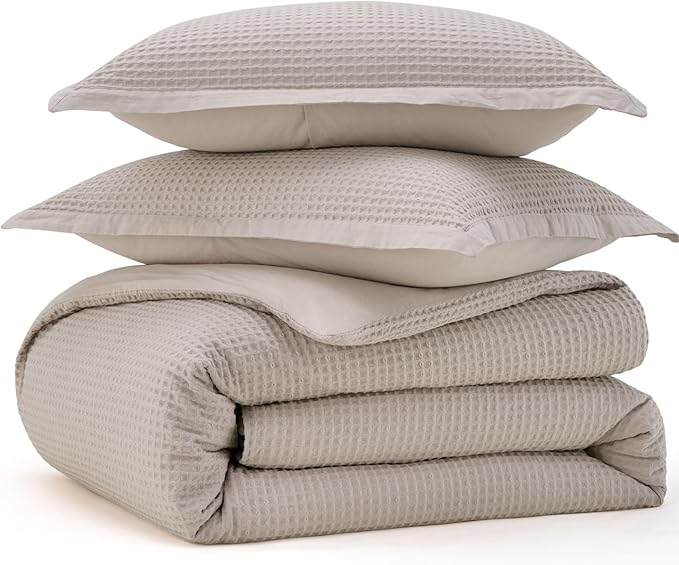 Bedsure Cotton Duvet Cover Set - 100% Cotton Waffle Weave Linen Duvet Cover Oversized Queen Size, GentleSoft™ and Breathable Bedding Set for All Season, 3 Pieces, 98"x98"