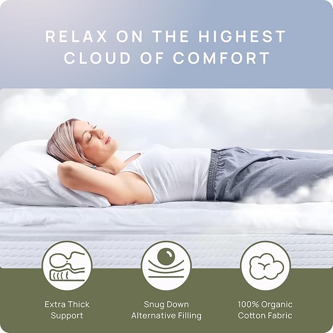 Extra Thick Pillow Top Mattress Topper Queen Size, 3 Inch Cooling Fluffy Cotton Hotel Mattress Bed Topper for Cloud Like Sleep & Back Pain Relief, Plush Soft Pad, Fits 6'-22' Mattresses
