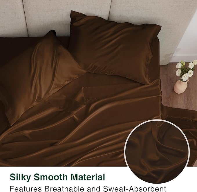 Love's cabin Satin Queen Sheets Set - 4 Piece Brown Silky Bed Sheets with Deep Pocket, Luxury Silk Feel Satin Queen Size Sheet Set (1 Flat Sheet,1 Fitted Sheet,2 Pillow Cases)