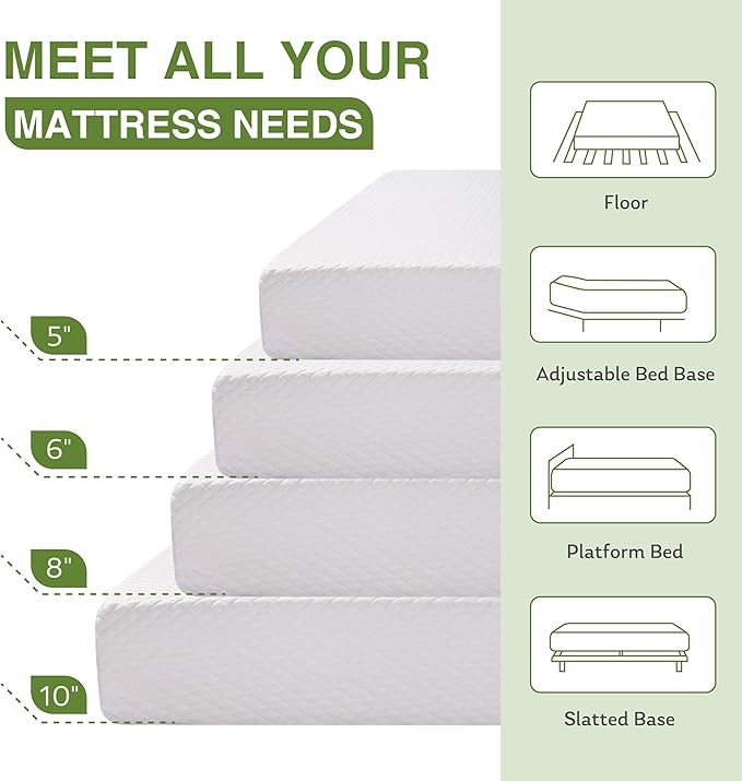 EGOHOME Twin XL Memory Foam Mattress, 5 Inch Bed Mattress in a Box with Cooling Green Tea Gel, Relieve Pressure with Medium Support, CertiPUR-US Certified, 80''L x 38''W, White