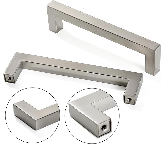 Cabinet Pulls Brushed Nickel Cabinet Handles Square Drawer Pulls, 5 Pack 5 Inch Stainless Steel Kitchen Door Cupboard Cabinet Handles, Cabinet Hardware Drawer Handles, 128mm Hole Centers