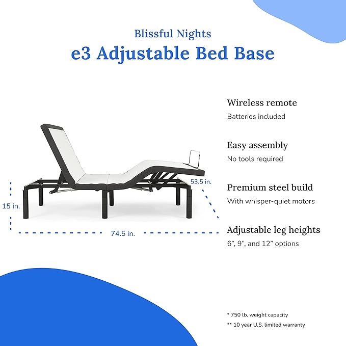 Blissful Nights e3 Full Adjustable Bed Base Frame with 10" Medium Firm Gel Infused Memory Foam Mattress