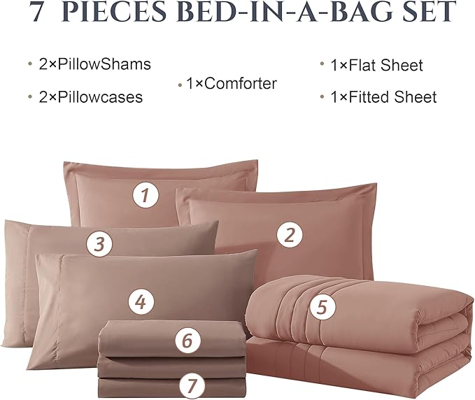 Monbix Full Comforter Set - 7 Pieces Clay Pink Bed in a Bag Full Size Bedding Sets with Comforters, All Seasons Down Alternative Comforter with Sheets,Pillowcases & Shams
