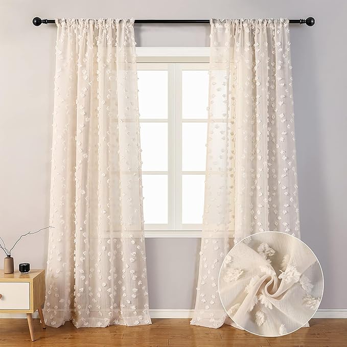 MYSKY HOME Pom Pom Beige Sheer Curtains for Bedroom Girls Room Curtains 108 Inches Long for Nursery Kids Light Filtering Boho Window Drapes, Rod Pocket, 52" Wide, 2 Panels