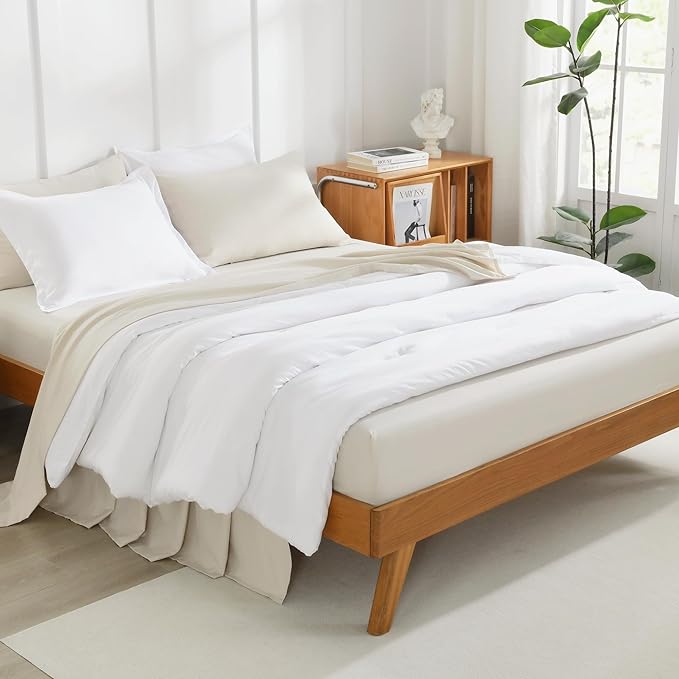 Litanika White Oversized King Comforter Set Super King Plus Size, 3 Pieces Lightweight Solid Bedding Comforter Set, All Season Fluffy Bed Set (128x120In Comforter & 2 Pillowcases)