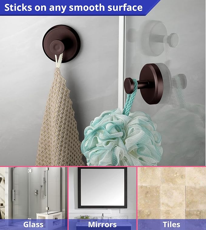 HOME SO Suction Cup Hooks for Shower, Bathroom, Kitchen, Glass Door, Mirror, Tile – Loofah, Towel, Coat, Bath Robe Hook Holder for Hanging up to 15 lbs – Waterproof & Rustproof, Dark Bronze (2-Pack)