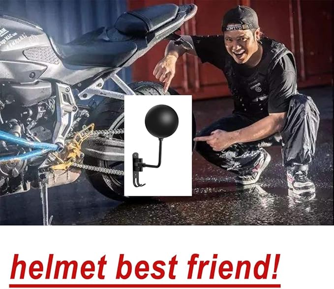 SANGMO 180° Motorcycle Helmet Rack, 4 Pack Rotation Metal Helmet Holder Wall Mount, Helmet Holder Bike with 2 Hooks Helmet Hanger for Motorcycle Bike Coats, Caps, Baseballs, Rugby Helmet (Black)