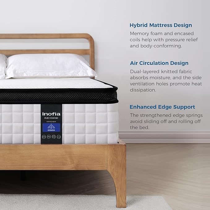 Inofia Twin Mattress 12 inch Hybrid Twin Size Mattresses Cool Bed with Waterproof Mattress Protector Included, Medium Firm Feel, Motion Isolation, 101 Nights Trial