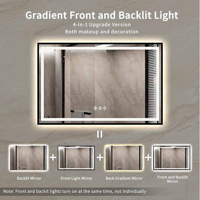 LED Bathroom Mirror, 60x40 Inch Black Framed Gradient Front and Backlit Bathroom Mirror with LED Lights, 3 Colors Dimmable CRI>90, IP54 Enhanced Anti-Fog Wall Mounted Backlit Mirror