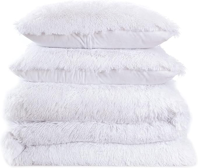 Queen Luxury Faux Fur Comforter Set - Soft & Breathable 7-Piece Bedding Collection - 1 Comforter, 1 Fitted Sheet, 1 Flat, 2 Pillowcases, 2 Pillow Shams - Deep Pocket - Premium Quality, White