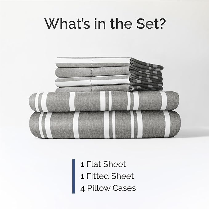Full 6 Piece Sheet Set - Comfy Breathable & Cooling - Soft Hotel Luxury Bedding Set with 8-16 Inch Deep Pockets - 1 Flat & 1 Fitted Sheet & 4 Pillowcases - Wrinkle Free & Easy Care - Grey Stripes 3
