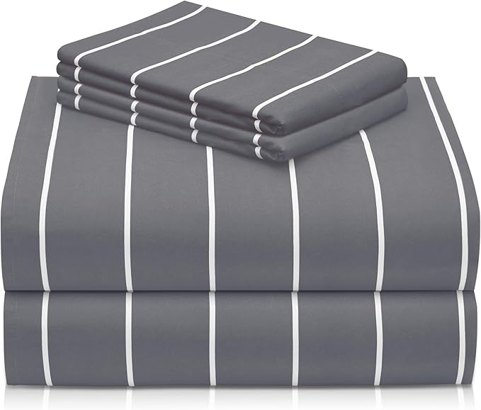 LuxClub 4 PC Full Size Sheet Set Bed Sheets, Breathable Luxury Deep Pockets Wrinkle Free Cooling Sheets Machine Washable Hotel Bedding (Full, Striped Light Grey)
