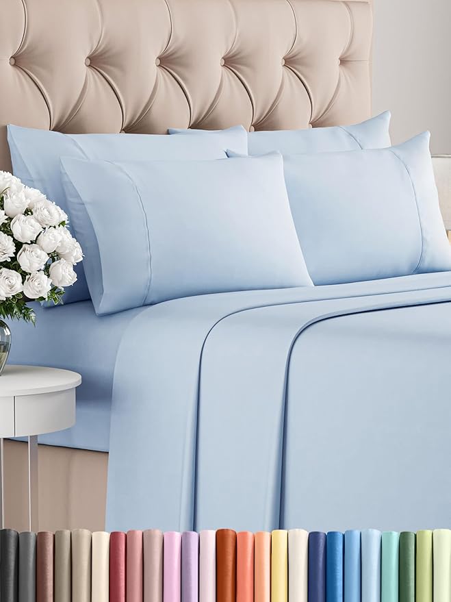 King Sheets Set 6 Piece - Includes 4 Pillowcases - Bed Sheets King Size - Soft Hotel Luxury Bedding - Cooling, Comfy, Cozy & Breathable - 1 Flat & 1 Fitted & 4 Pillowcases w/ Deep Pockets - Sky Blue