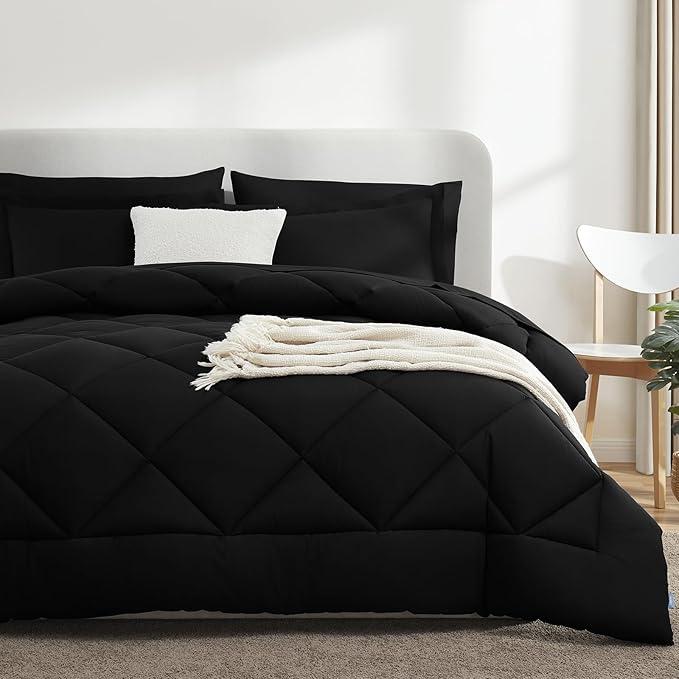 CozyLux Full Size Comforter Sets Black - 7 Pieces Bed in a Bag Full, Luxury Soft Bed Set for All Seasons, Bedding Set with Down Alternative Comforter, Sheets, Pillowcases & Shams