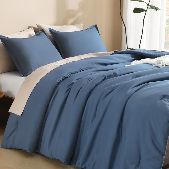 Litanika Haze Blue Comforter Set Queen Size, 3 Pieces Lightweight Solid Bedding Comforter Set, All Season Fluffy Bed Set (90x90In Comforter & 2 Pillowcases)