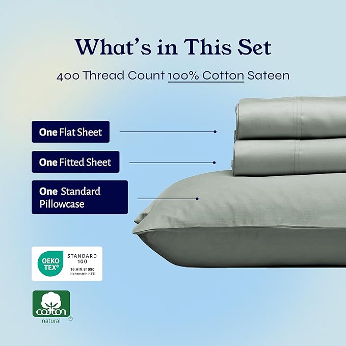 California Design Den Twin XL Sheet Sets - Soft 400 Thread Count Sateen, Natural 100% Cotton Sheets Set with Deep Pockets, Cooling and Durable Bedding - Sage Green