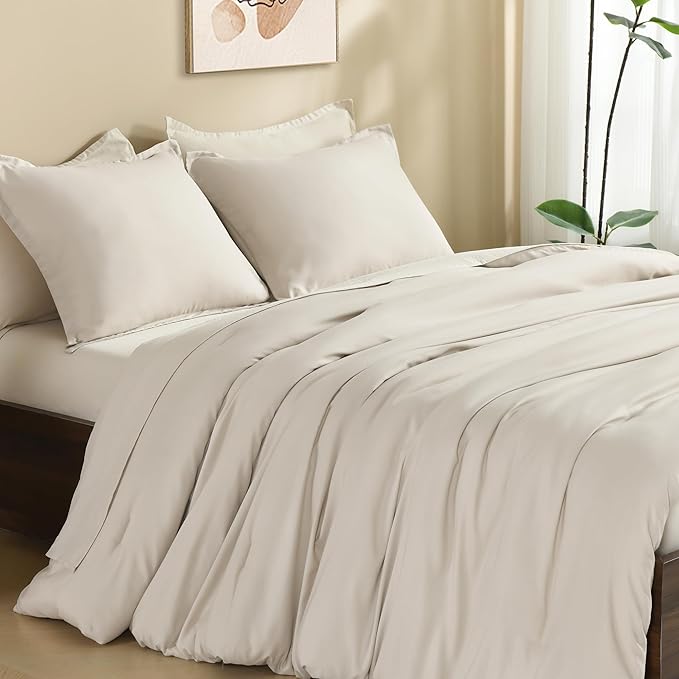 Litanika Comforters Tannish Grey Full Size, 3 Pieces Lightweight Solid Bedding Set & Collections, All Season Fluffy Bed Set (79x90In Comforter & 2 Pillowcases)