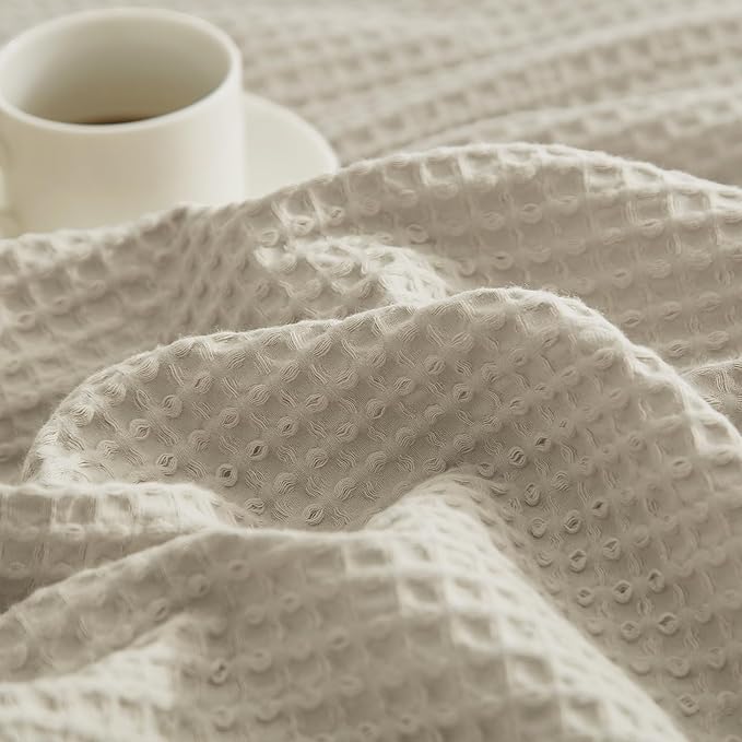 PHF 100% Cotton Waffle Weave Throw Blanket，Pre-Washed Snag Proof Lightweight Breathable Moisture-Wicking for Layering in Cold Weather for Couch Bed,Machine Washable,Home Decor Gift-Linen