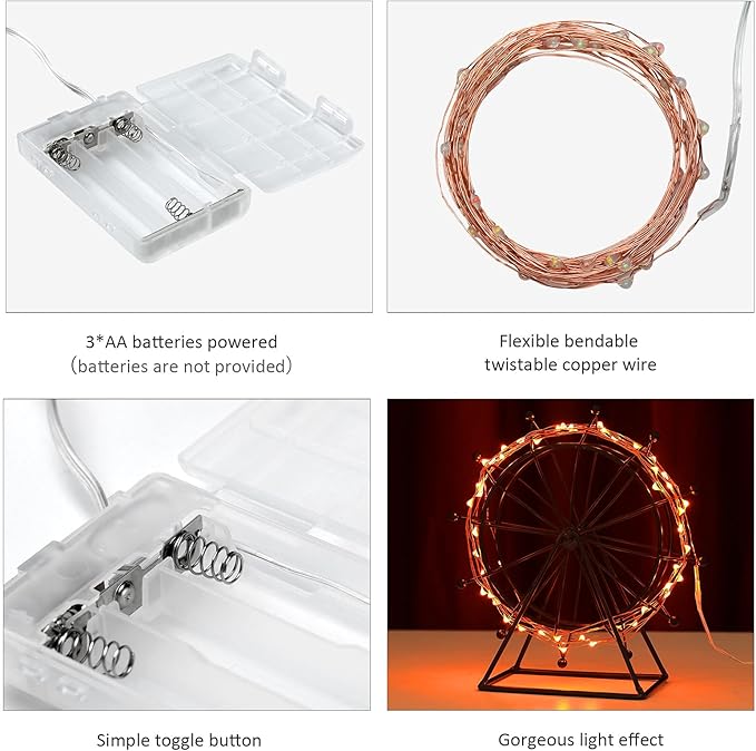 Mikasol Fairy Lights Battery Operated, 2 Pack Mini 3*AAA Battery Powered Copper Wire Led Starry String Lights Firefly Lights for Bedroom, Christmas, Parties, Decoration (5m/16ft Orange)