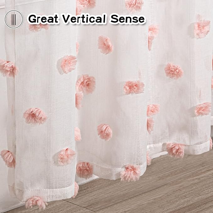 MYSKY HOME Pink Pom Pom Curtains for Living Room Nursery White Sheer Curtains for Girls Bedroom 63 Inch Length Long Window Curtains for Kids Room 2 Pieces Rod Pocket Farmhouse Window Drapes 37" x 63"