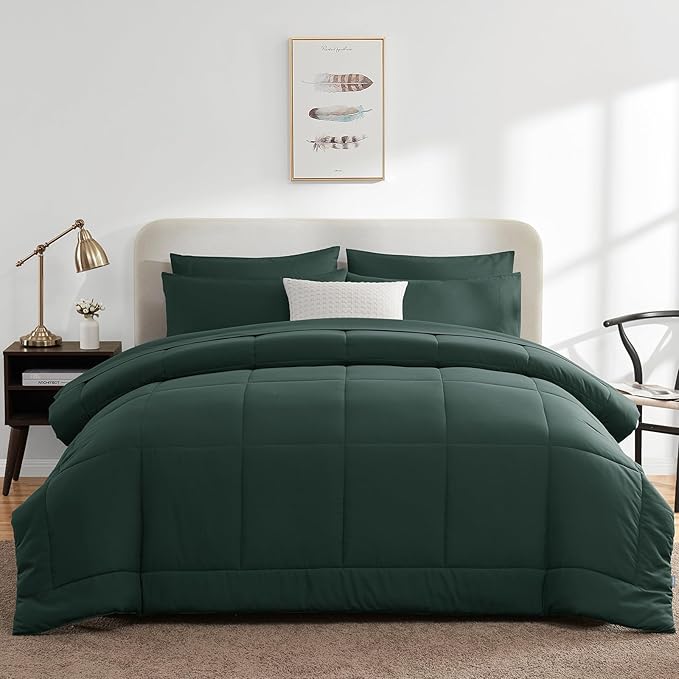 CozyLux Full Size Comforter Sets Forest Green, 7 Pieces Bed in a Bag, Green Comforter Full Size, All Season Bedding Sets with Stitch Quilted Comforter, Flat Sheet, Fitted Sheet, Pillowcases