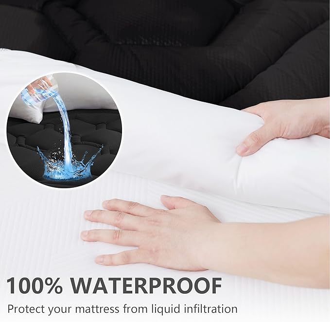Queen Size Mattress Pad Waterproof, Pillow Top Cooling Mattress Topper Cover, Quilted Fitted Mattress Protector Washable, Deep Pocket 8-21" (60x80 inch, Black)