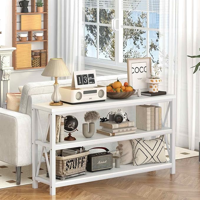 FATORRI Console Table for Entryway, Long Sofa Table with 3 Tier Shelves, Modern White Hallway Tables for Living Room (55 Inch, White Oak)