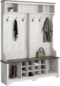 Prepac Farmhouse Washed White Hall Tree, Shoe Cabinet, Storage Cabinet with 12 Shoe Cubbies, 2 Boot Cubbies and 6 Double Coat Hooks 15.5" D x 60" W x 77" H