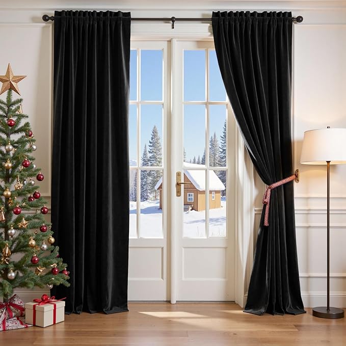 Lazzzy Velvet Blackout Curtains Thermal Insulated Room Window Drapes Super Soft Luxury Curtains for Living Room Bedroom Rod Pocket 2 Panels, Black, 62" W x 84" L