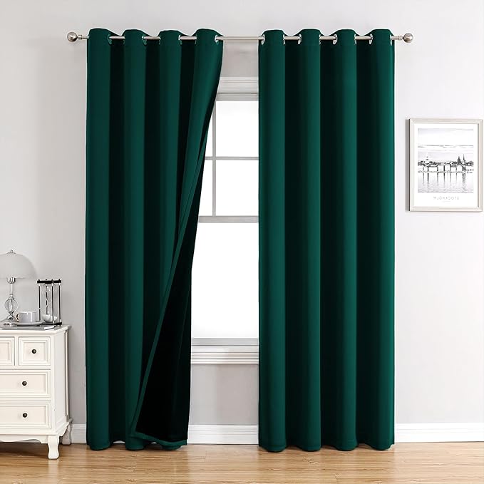 ChrisDowa 100% Blackout Curtains 120 inch Long for Bedroom with Black Liner, 2 Thick Layers Total Blackout Thermal Insulated Grommet Long Window Curtains 2 Panels Set (Forest Green, 52 x 120 Inch)