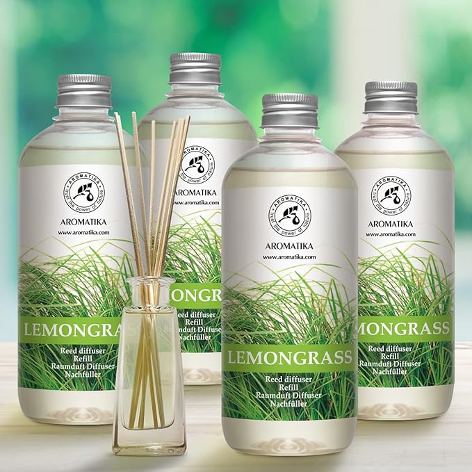 Lemongrass Diffuser Refill 68 Fl Oz (4x17Fl Oz) - Fresh & Long Lasting Fragrance - Refill Bottle with Natural Essential Lemongrass Oil - Best for Aromatherapy - Reed Diffuser Oil Refill for Home