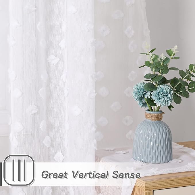 MYSKY HOME White Sheer Short Curtains with Pom Pom for Small Windows Bedroom Nursery Kids Girls Room Curtains Cafe Kitchen Light Filtering Boho Drapes, Rod Pocket,52 x 45 Inches, 2 Panels