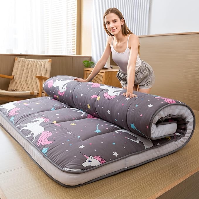 MAXYOYO Unicorn Pattern Futon Mattress, Full Size Japanese Floor Mattress Quilted Bed Mat Topper, Extra Thick Folding Sleeping Pad Breathable Guest Bed for Camping Couch