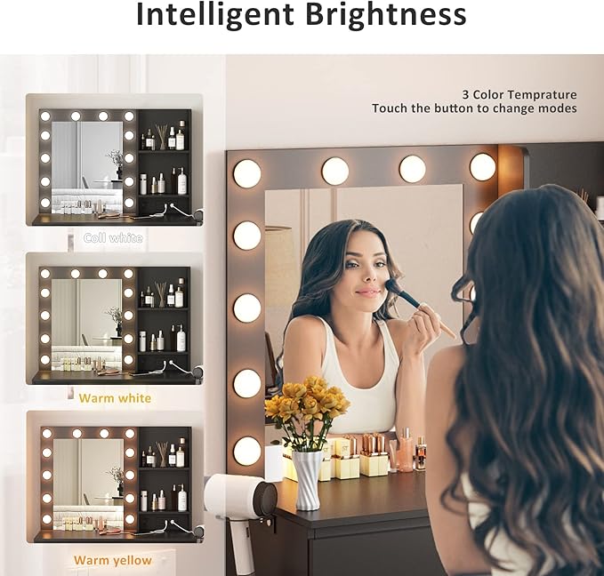 Vabches Makeup Vanity with Lights, 37inch Vanity Desk with Power Strip, 4 Drawers Makeup Table with Lighted Mirror, 3 Lighting Colors,Black