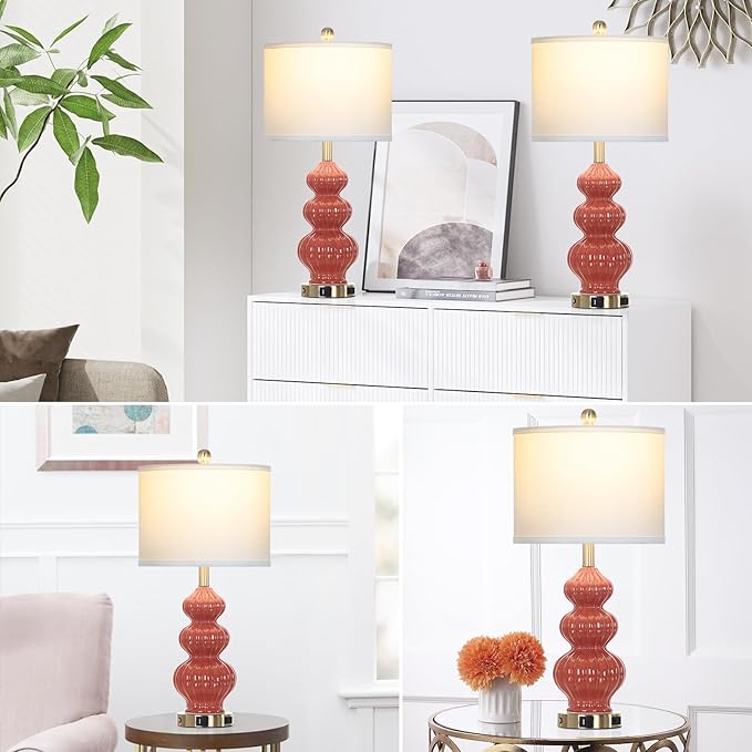 26" Triple Gourd Ceramic Table Lamps Set of 2,Modern Orange Bedside Lamps USB A+C Ports & AC Outlet -Ceramic Nightstand Lamps for Bedroom, 3 Way Touch Control Contemporary Living Room End Tables