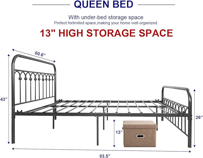 TUSEER Metal Bed Frame Queen Size with Vintage Headboard and Footboard Platform Base Wrought Iron Bed Frame Gray Silver (Queen, Gray Silver).