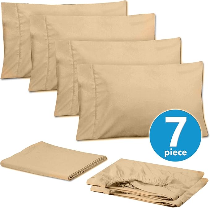 Sweet Home Collection 6 Piece 1500 Supreme Collection Brushed Microfiber Deep Pocket Sheet Set-2 Extra Pillow Cases, Great Value, Split King, Camel