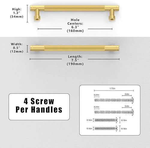 10 Pack Brushed Gold Knurled Cabinet Pulls 6.3 Inch(160mm) Kitchen Cabinet Handles Solid Zinc Alloy Cabinet Hardware Drawer Pulls