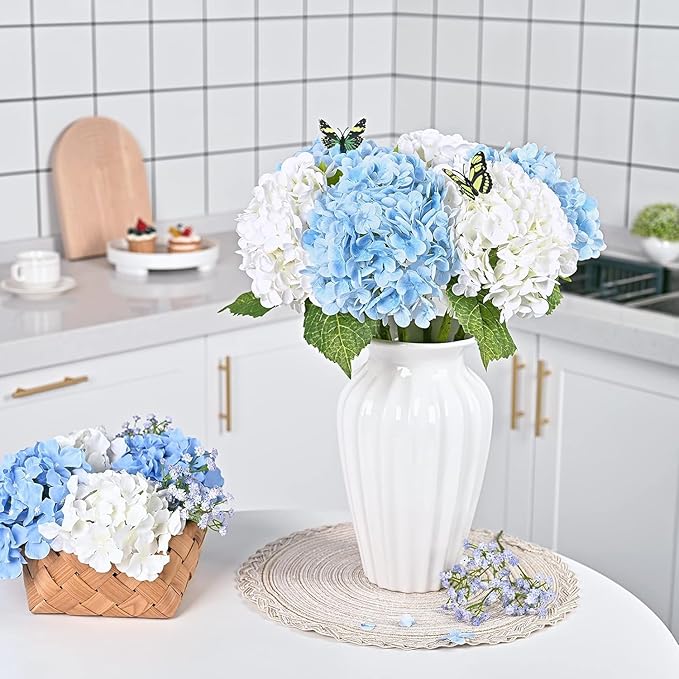 Waipfaru 21" Real Touch White Hydrangea Artificial Flowers with Long Stem & Leaves, Full Latex Faux Hydrangea Flowers for Home Decor Party Floral Arrangements Wedding Bouquets Centerpieces, 5Pcs
